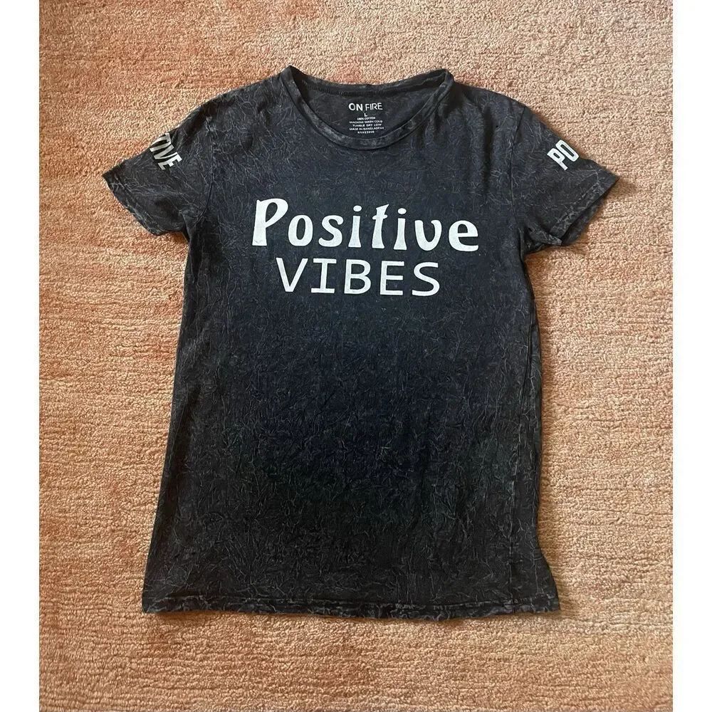 ON FIRE Positive Vibes Black Distressed Tee Size L 100% Cotton Unisex